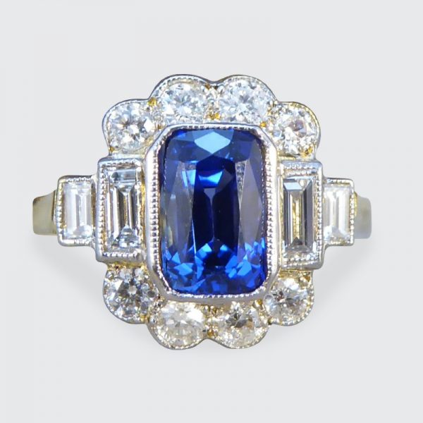 Art Deco Style 1.60ct Sapphire and Diamond Ring, 18ct Gold