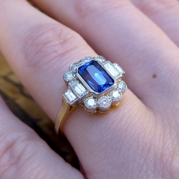 Art Deco Style 1.60ct Sapphire and Diamond Ring, 18ct Gold