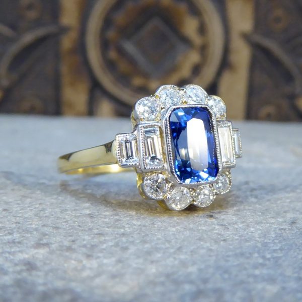 Art Deco Style 1.60ct Sapphire and Diamond Ring, 18ct Gold