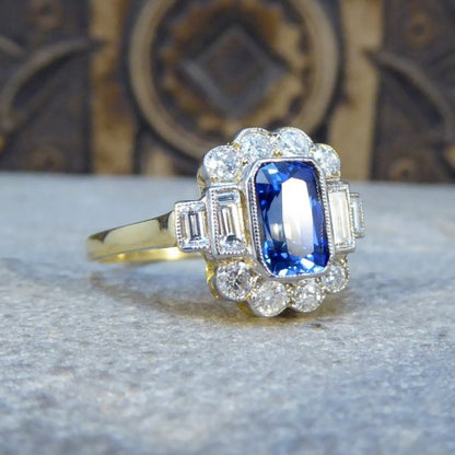 Art Deco Style 1.60ct Sapphire and Diamond Ring, 18ct Gold