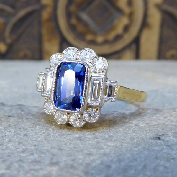 Art Deco Style 1.60ct Sapphire and Diamond Ring, 18ct Gold