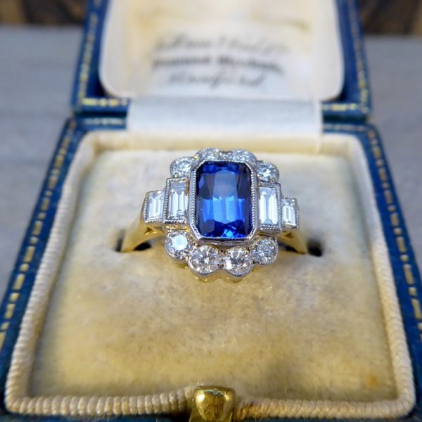 Art Deco Style 1.60ct Sapphire and Diamond Ring, 18ct Gold