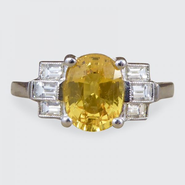 Art Deco Style 1.60ct Yellow Sapphire & Baguette Cut Diamond Ring