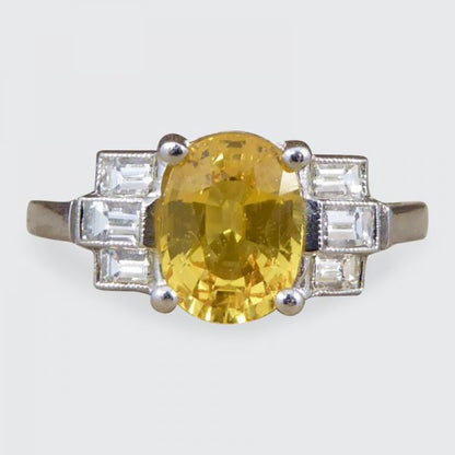 Art Deco Style 1.60ct Yellow Sapphire & Baguette Cut Diamond Ring