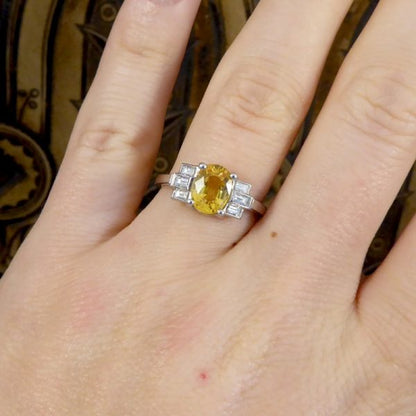 Art Deco Style 1.60ct Yellow Sapphire & Baguette Cut Diamond Ring