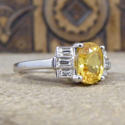 Art Deco Style 1.60ct Yellow Sapphire & Baguette Cut Diamond Ring