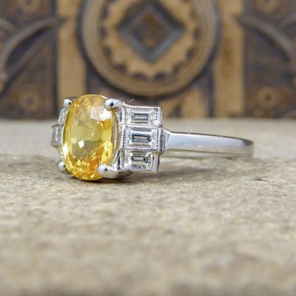 Art Deco Style 1.60ct Yellow Sapphire & Baguette Cut Diamond Ring