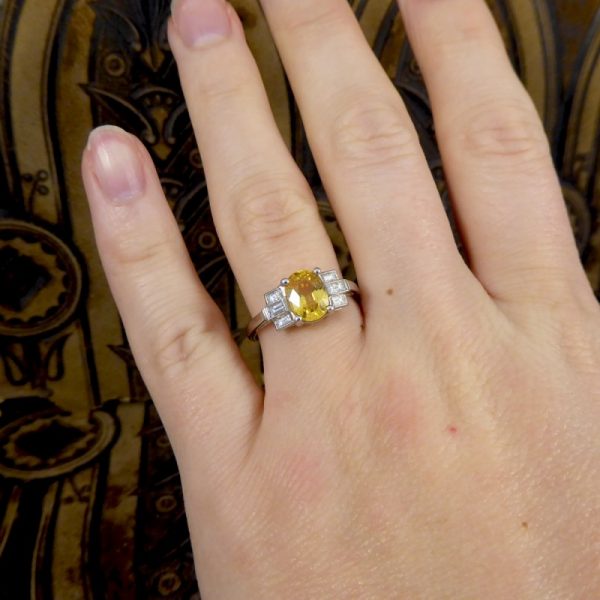Art Deco Style 1.60ct Yellow Sapphire & Baguette Cut Diamond Ring