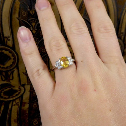 Art Deco Style 1.60ct Yellow Sapphire & Baguette Cut Diamond Ring