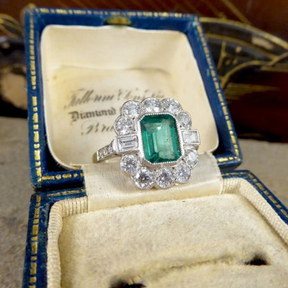 Art Deco Style 1.62ct Emerald and Diamond Cluster Ring