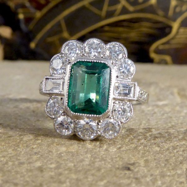 Art Deco Style 1.62ct Emerald and Diamond Cluster Ring