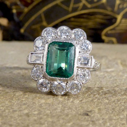 Art Deco Style 1.62ct Emerald and Diamond Cluster Ring