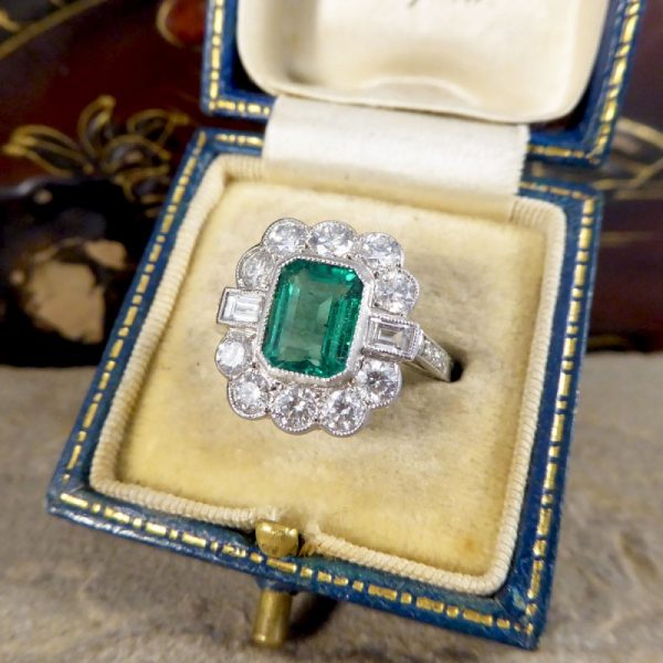 Art Deco Style 1.62ct Emerald and Diamond Cluster Ring