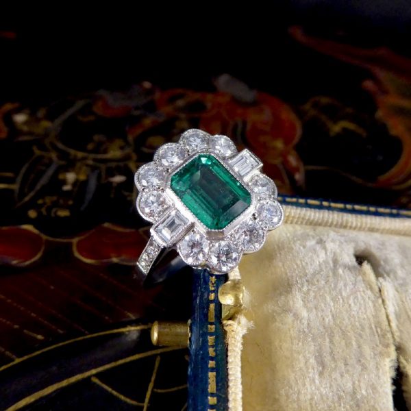 Art Deco Style 1.62ct Emerald and Diamond Cluster Ring