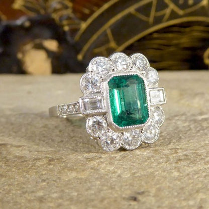 Art Deco Style 1.62ct Emerald and Diamond Cluster Ring