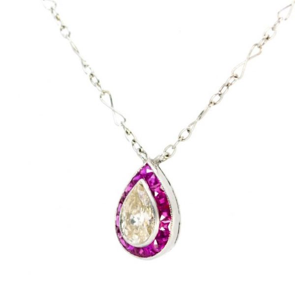 Art Deco Style 1ct Pear Shape Diamond and Ruby Pendant Necklace