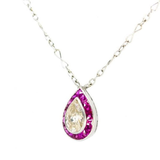 Art Deco Style 1ct Pear Shape Diamond and Ruby Pendant Necklace