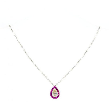 Art Deco Style 1ct Pear Shape Diamond and Ruby Pendant Necklace