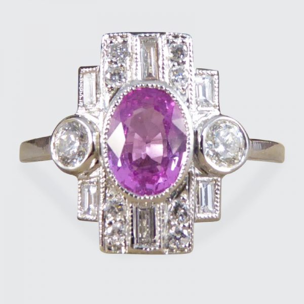 Art Deco Style 1ct Pink Sapphire and Diamond Geometric Cluster Rin