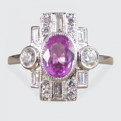 Art Deco Style 1ct Pink Sapphire and Diamond Geometric Cluster Rin