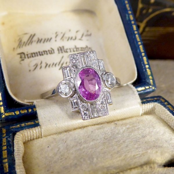 Art Deco Style 1ct Pink Sapphire and Diamond Geometric Cluster Ring