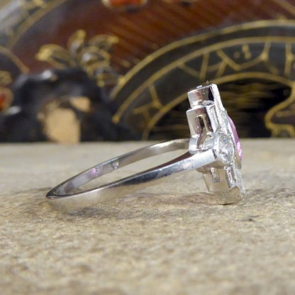 Art Deco Style 1ct Pink Sapphire and Diamond Geometric Cluster Ring