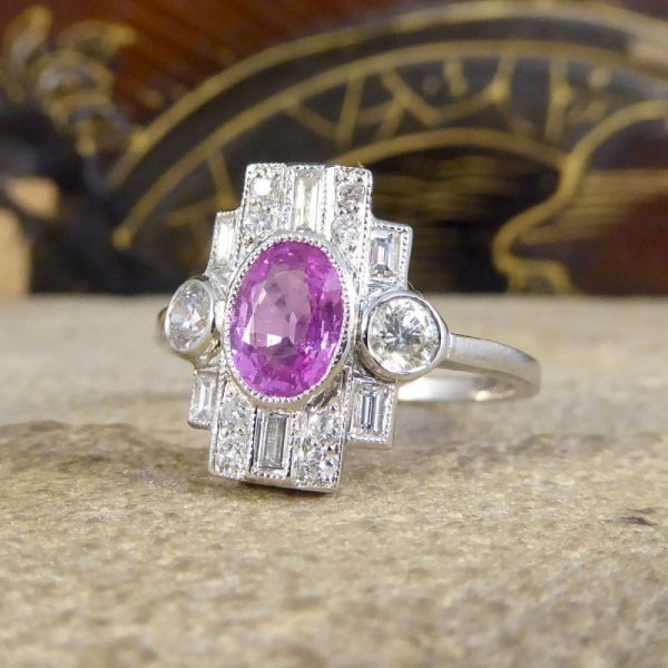Art Deco Style 1ct Pink Sapphire and Diamond Geometric Cluster Ring