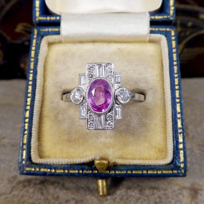 Art Deco Style 1ct Pink Sapphire and Diamond Geometric Cluster Ring
