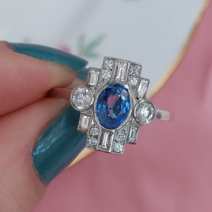 Art Deco Style 1ct Sapphire and Diamond Cluster Ring