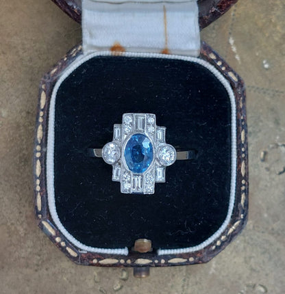 Art Deco Style 1ct Sapphire and Diamond Cluster Ring