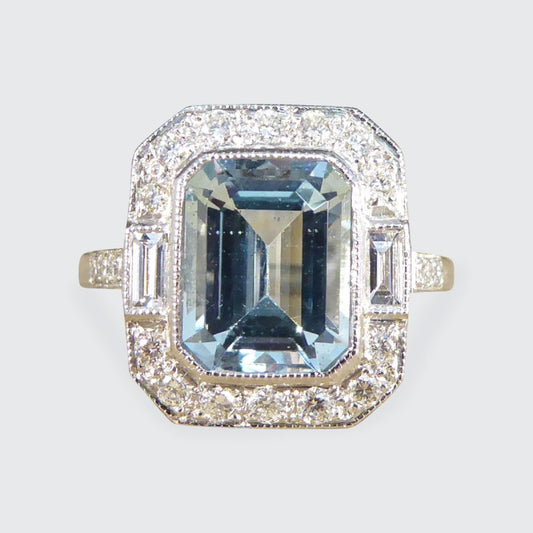 Art Deco Style 2.10ct Aquamarine and Diamond Cluster Ring