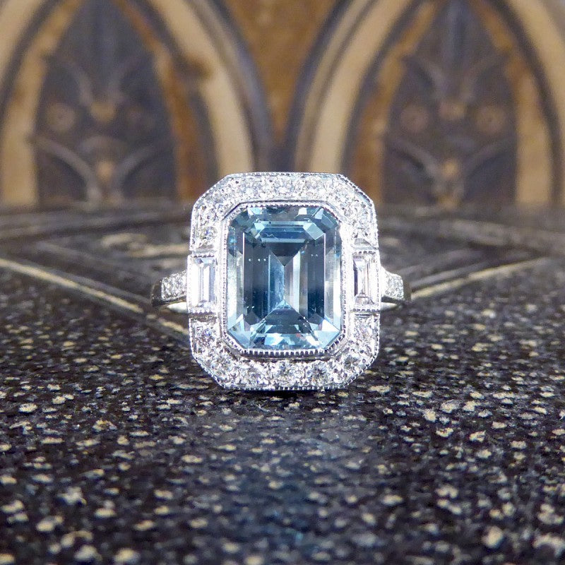 Art Deco Style 2.10ct Aquamarine and Diamond Cluster Ring