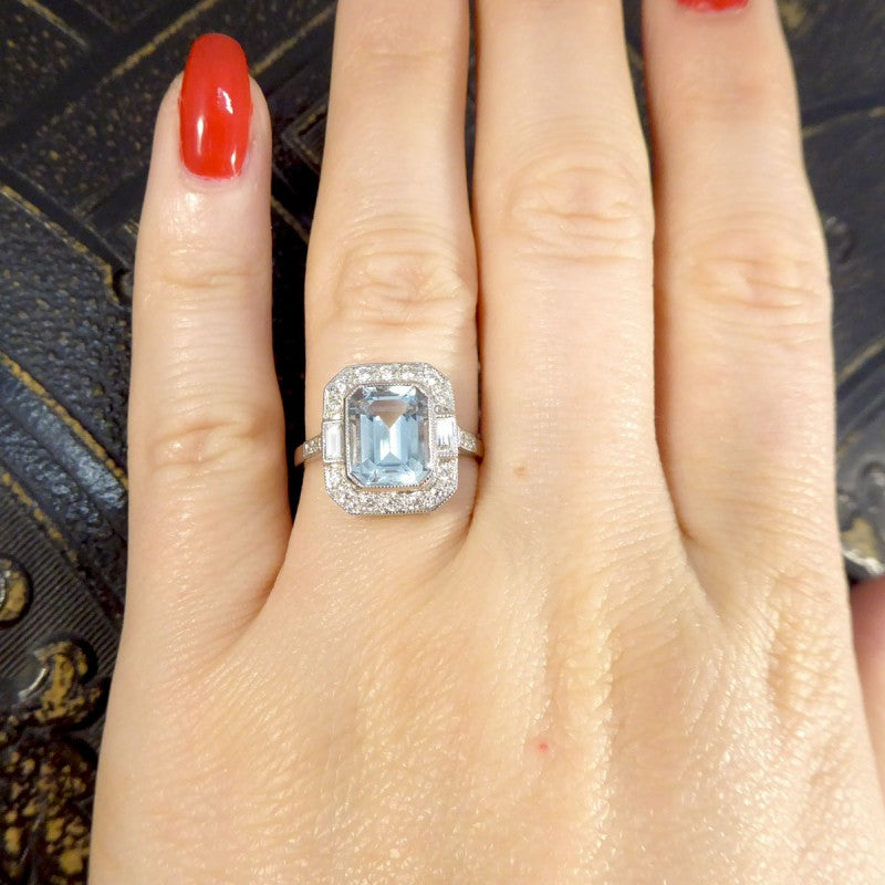 Art Deco Style 2.10ct Aquamarine and Diamond Cluster Ring