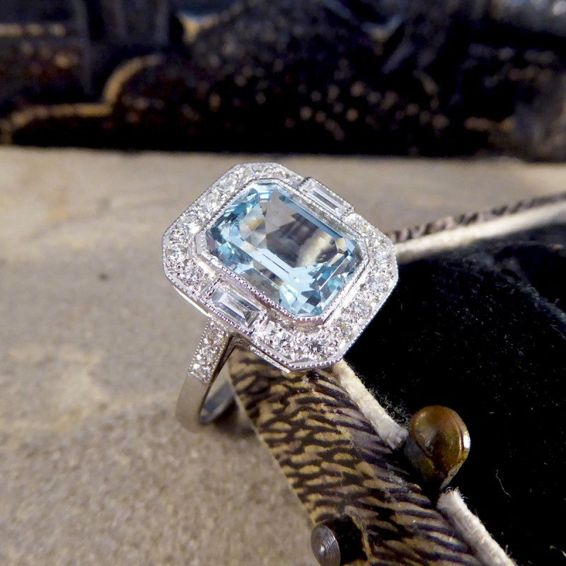 Art Deco Style 2.10ct Aquamarine and Diamond Cluster Ring