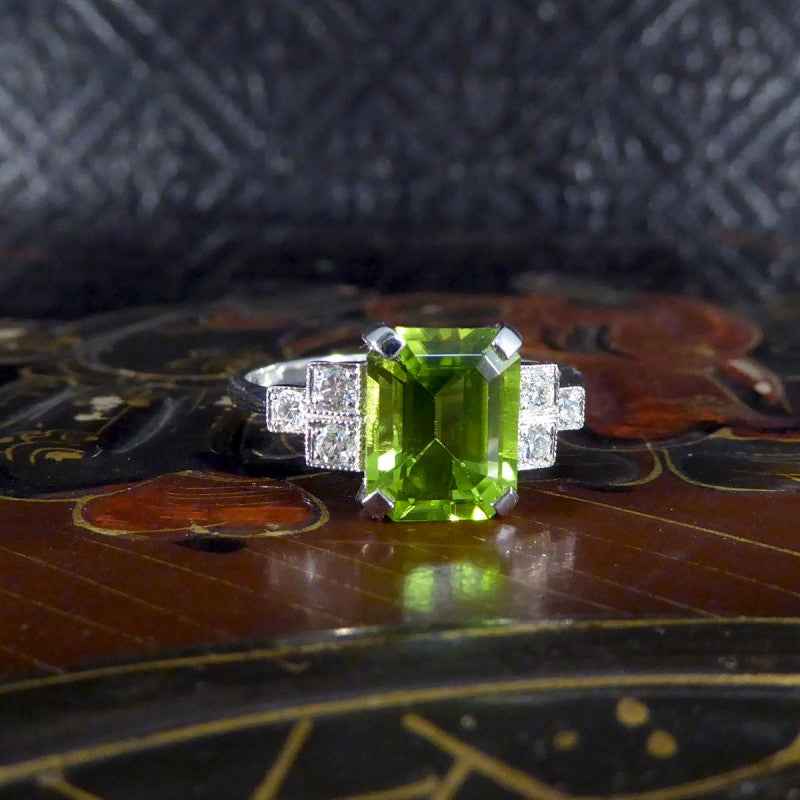 Art Deco Style 2.10ct Peridot Ring with Diamond Step Shoulders