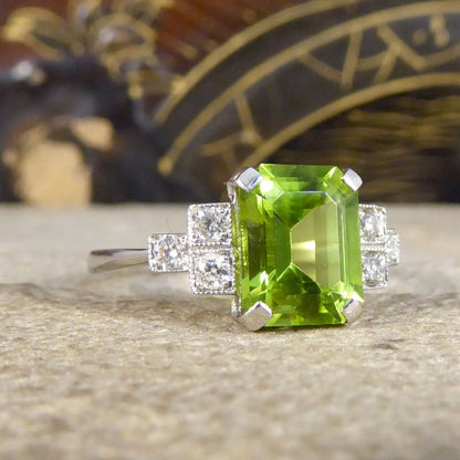 Art Deco Style 2.10ct Peridot Ring with Diamond Step Shoulders