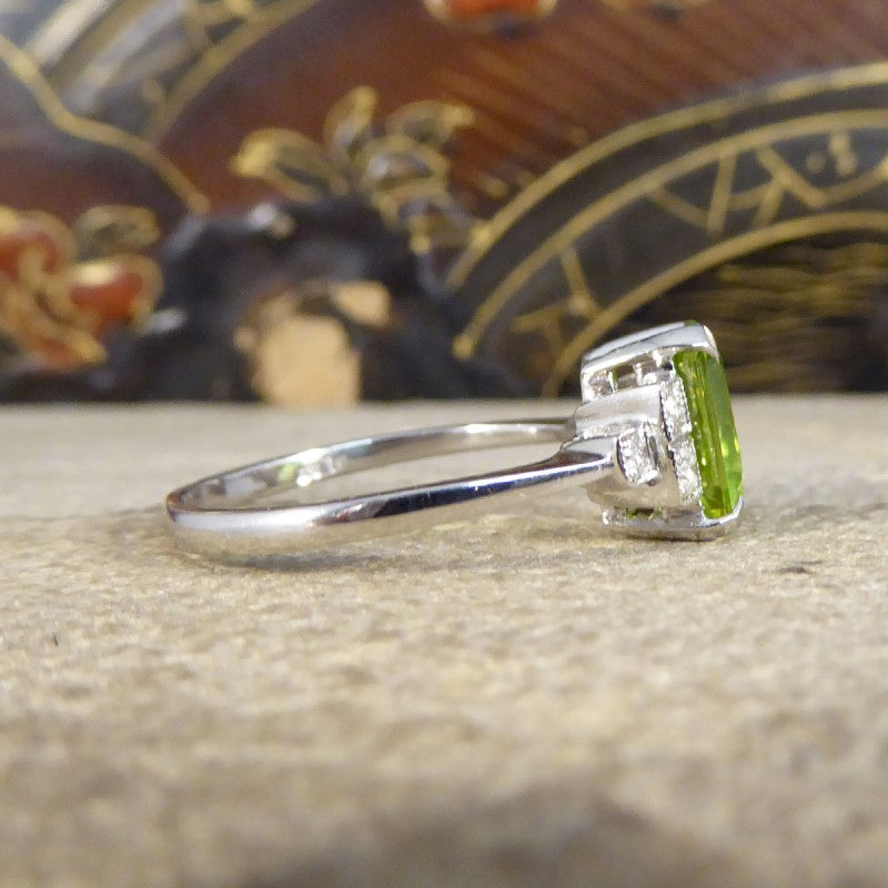 Art Deco Style 2.10ct Peridot Ring with Diamond Step Shoulders