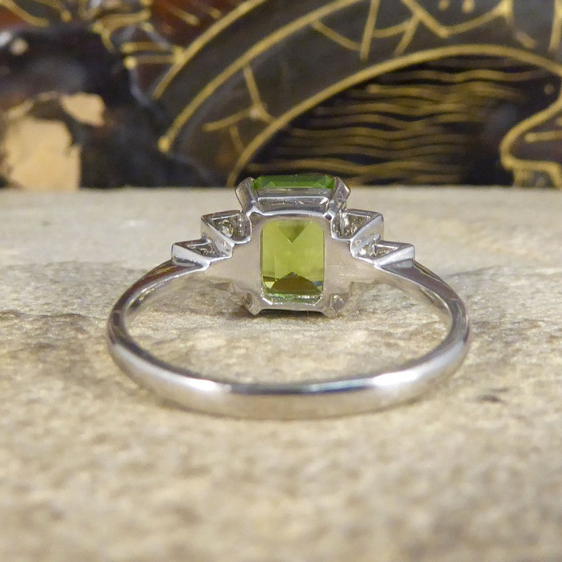 Art Deco Style 2.10ct Peridot Ring with Diamond Step Shoulders