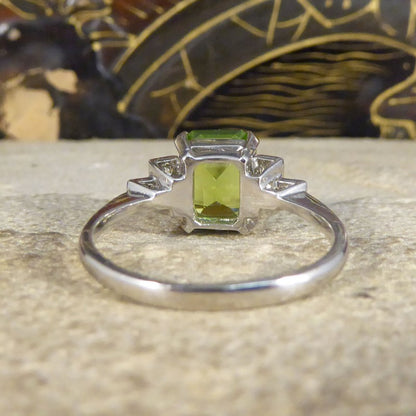 Art Deco Style 2.10ct Peridot Ring with Diamond Step Shoulders