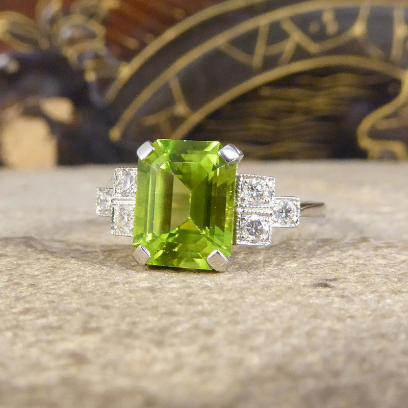 Art Deco Style 2.10ct Peridot Ring with Diamond Step Shoulders