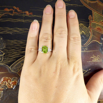 Art Deco Style 2.10ct Peridot Ring with Diamond Step Shoulders