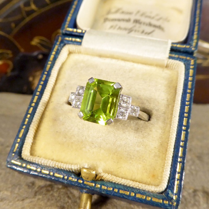 Art Deco Style 2.10ct Peridot Ring with Diamond Step Shoulders