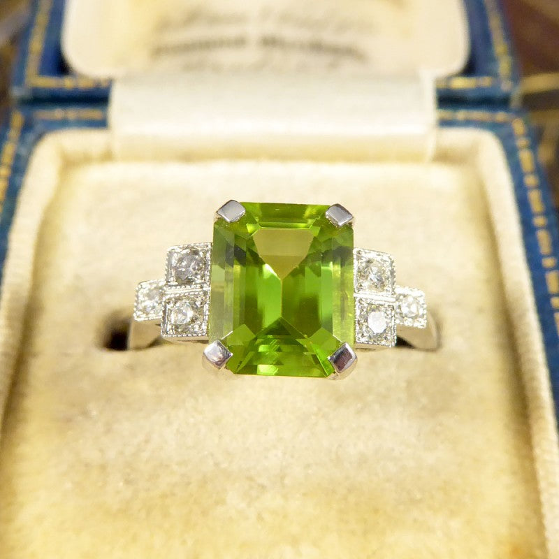 Art Deco Style 2.10ct Peridot Ring with Diamond Step Shoulders