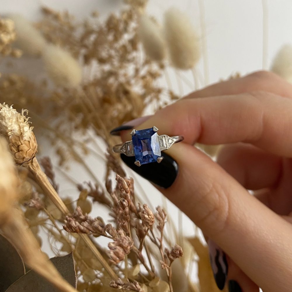 Art Deco Style 2.25ct Sapphire Ring with Diamond Set Shoulders