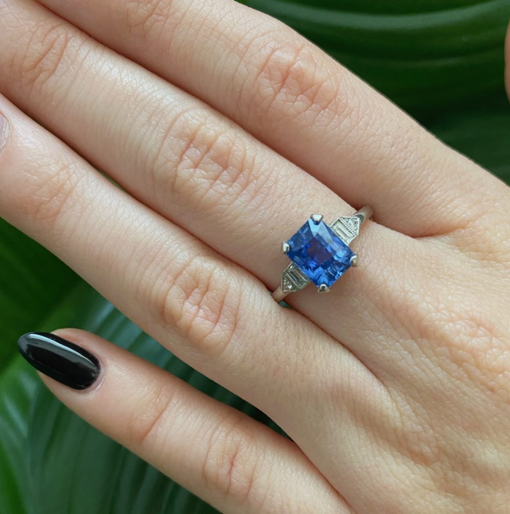 Art Deco Style 2.25ct Sapphire Ring with Diamond Set Shoulders