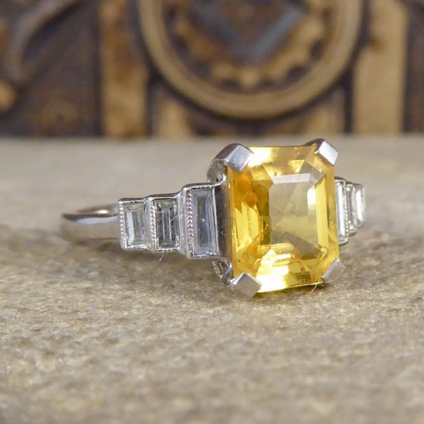 Art Deco Style 2ct Yellow Sapphire and Baguette Cut Diamond Ring