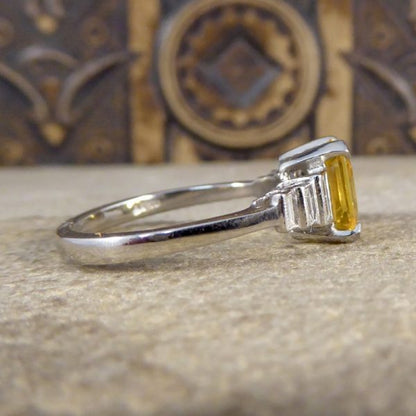 Art Deco Style 2ct Yellow Sapphire and Baguette Cut Diamond Ring