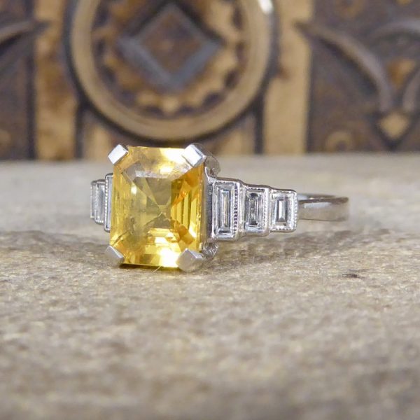 Art Deco Style 2ct Yellow Sapphire and Baguette Cut Diamond Ring