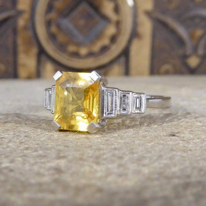 Art Deco Style 2ct Yellow Sapphire and Baguette Cut Diamond Ring