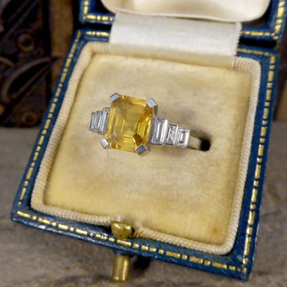 Art Deco Style 2ct Yellow Sapphire and Baguette Cut Diamond Ring